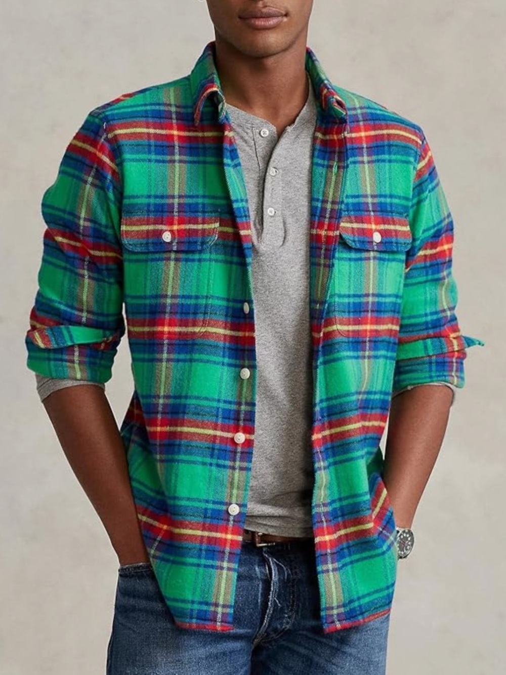 Ralph Lauren Green flannel Plaid Button-Down Shirt with Blue & Yellow Accents M - Picture 1 of 7